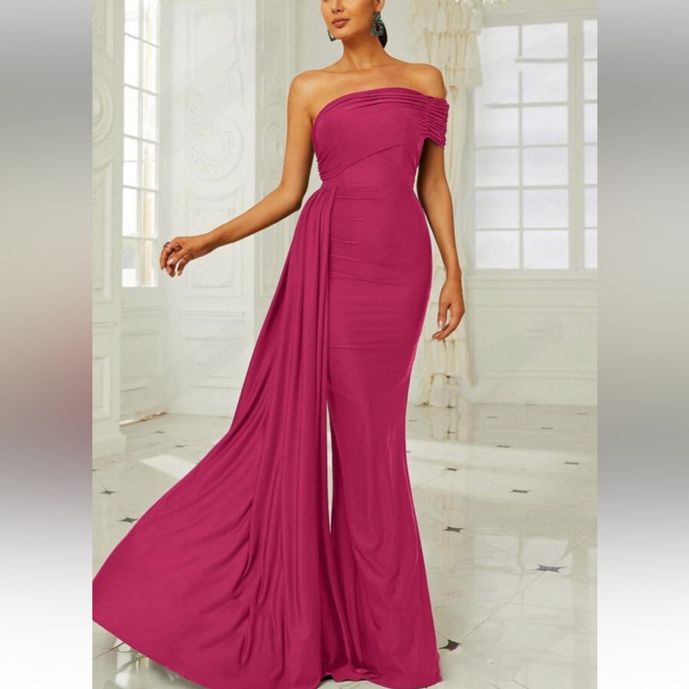Luxe orange one shoulder draped party formal evening gown dress - Picture 5 of 10